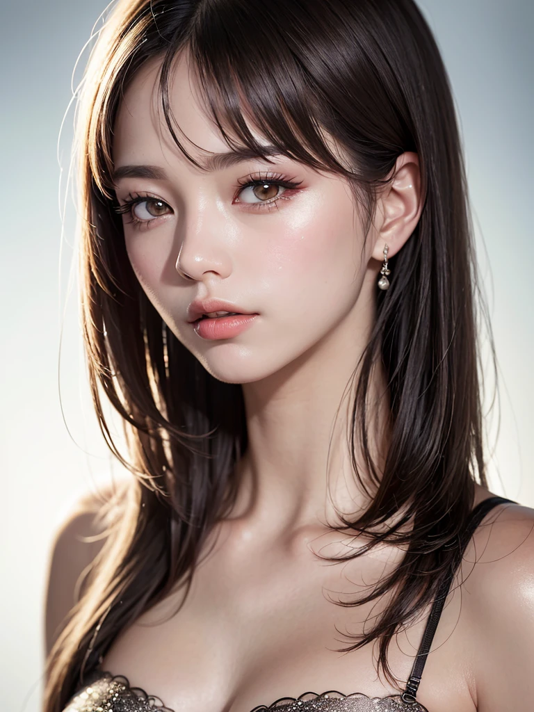 (8k, RAW photo, photorealistic:1.25) ,( lip gloss,  eyelashes, Shiny surface, Glossy Skin, top quality, ultra high resolution, depth of field,  Color Difference, caustics, blow lighting, natural shade,  kpop idol)  while staring at the audience with both sides shining、With an expression of calm and bliss like a goddess,