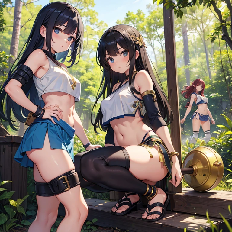 (masterpiece), 2irls, best quality, expressive eyes, perfect face, mature female, large breasts, brown hair, slim body, navel, purple eyes, hair ribbon BREAK mature female, small breasts, long hair, hair over one eye, purple hair, yellow eye BREAK hikers, white shirt, red shorts, mountains, rocks, blue sky, smile, standing