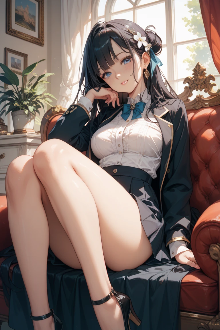 super fine illustrstiom, asian, medium straight hair, forehead, medium , light skin, medium thick thighs, black hair, background, looking at viewer, long legs perfect body, beautiful, beige checkered pleated miniskirt, flashing black g string, white pushup bra , cleavage, legs crossed, sitting, seductive