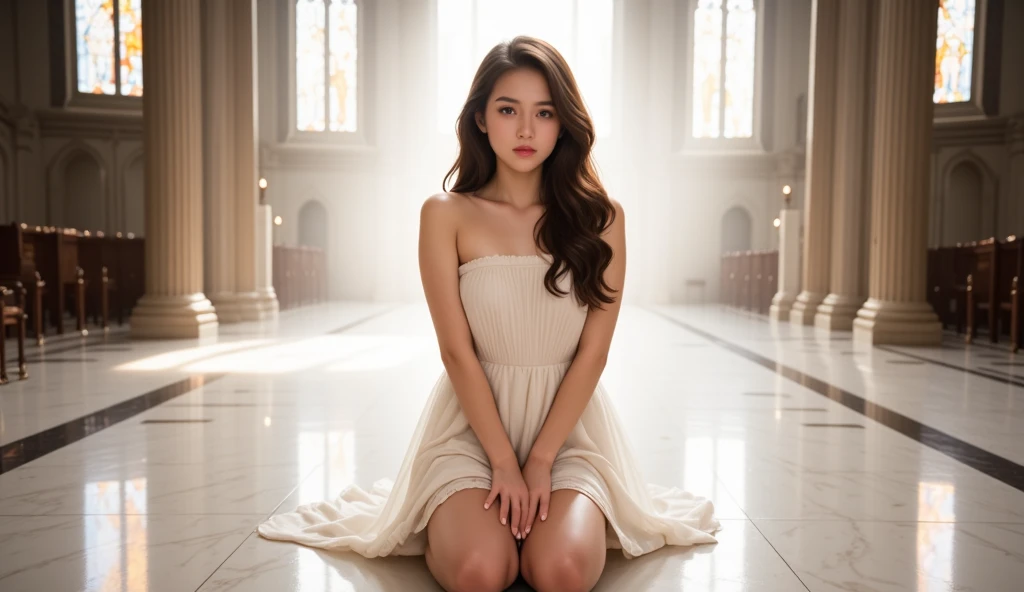 A beautiful young woman with fair, porcelain-like skin, flawless texture, long wavy brown hair, kneeling gracefully on a glossy marble floor inside a majestic cathedral. She is facing the camera directly, her entire face clearly visible, making gentle eye contact. She wears a flowing, strapless, pure white dress. The space is flooded with divine, glowing white light from large stained glass windows. The atmosphere is ethereal, ultra-bright, heavenly and peaceful, with no shadows and soft focus. A pure, angelic scene.

--style: ultra bright, fair skin, glowing skin, divine light, cinematic, ethereal, soft glow, hyper realistic, full face, eye contact
--neg: tan skin, shadows, dark tones, looking away, back turned, hidden face, gloomy mood, dull lighting, cold hues, distortion