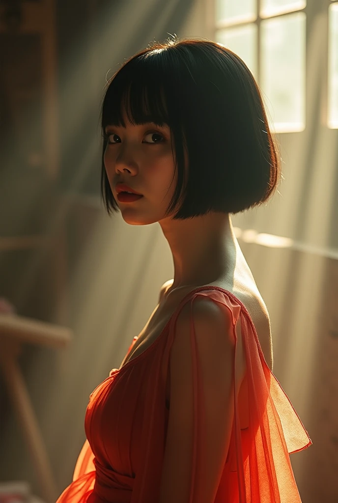 EDITORIAL PHOTOGRAPHY,  Super Detailed Backgrounds  ,Super Real, Shade,depth of field, perfect anatomy、Goddess Amenouzumenomikoto 、full body、cool beauty super slim skinny video, Soft Focus Sepia Tone ,movie scene,It was transparent,Wabi-sabi,Shioriness,looking at the camera、Nipples、Geometric model witch costume,is looking away at the female genitals,  Super Short Straight Bob Hairstyle ,Japanese Mythology Worldview 、natural light、Heaven Realm