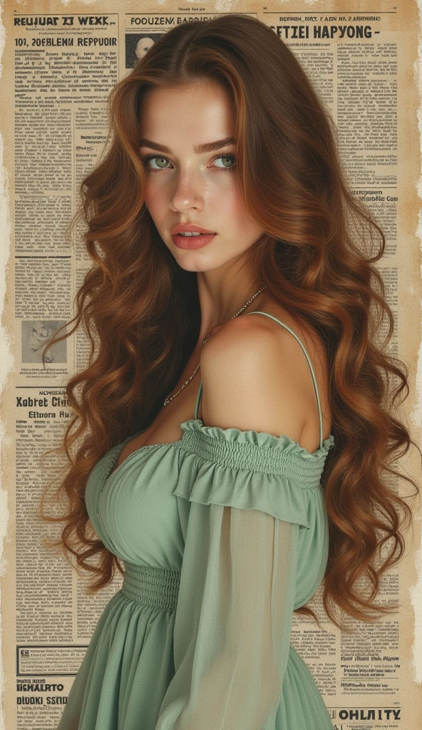 ((((collage art)))). masterpiece, best quality, magazine clippings. four portraits of Russian sexy tall woman, very beautiful fragile Russian, huge breast. she has long wavy hair, she is wearing mint vintage dress. mix of old russian newspapers clippings on background