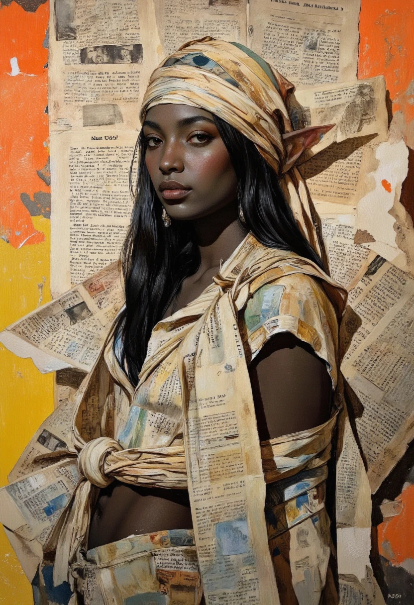 By Phandigrams. A digital illustration shoot from a portrait camera angle about a stylized portrait of a female character with horns and elf-like features, surrounded by a background of old, torn newspapers. the image also shows a mix of textures and colors. on the middle of the image, a woman appears to be in her late 20s, with dark skin, pointed ears, and a serious expression. she is facing the viewer, with her eyes looking to the side. her hair is styled in long hair, and she is wearing a headdress made of newspaper pieces. the background is filled with various colors and patterns, including orange and yellow, which adds to the vintage feel of the artwork.