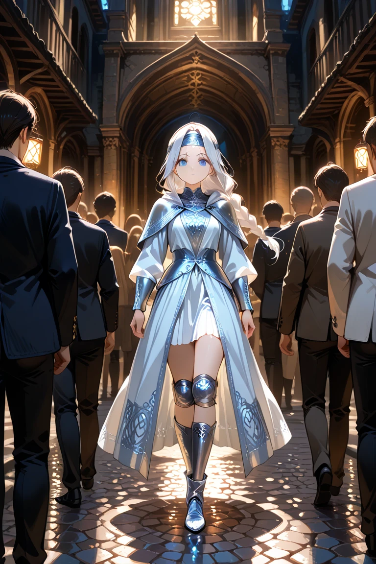 "Woman with long, smooth white hair, with two thin braided side tufts that are pulled back and joined at the back of the head, while the rest of her hair falls freely up to her waist. She has blue eyes and fair skin, with a cold, expressionless look. of normal height, She wears a white headband. clothing consists of a white suit with a knee-length skirt, silver metal shoulder and knee pads. She wears silver boots in medieval gentleman style. Holds a white floret-style sabre with blue details and a guard shaped like a dragon's head. He is standing in a Confident pose on a mediaeval-style market street, with cobblestones under her feet and some rustic settings around. There are few people in the scene, and the lighting is daylight, with natural light that highlights her imposing presence."