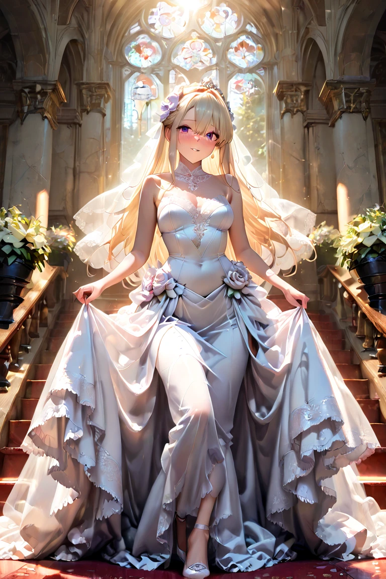 Masterpiece, Best Quality, Official Art, (Highly Detailed CG Unity 8k wallpaper), Detailed background, (Hands by Guido Daniele: 1.1), Feet out of frame, First person perspective, 1, Beautiful woman who is attractive and perfect, Blessed Woman(curvaceous), (standing), (Extended hand:1.4, Upturned palm: 1.14))), Goddess, (Bridal Gauntlet, Luxurious Pure White Dress, Pure White Large Skirt, Gold Ornaments, Bridal Garter, Bridal Legwear, White Thighs: 1.12), (Blonde Long Hair: 1.12), (Ahoge: 1.13), (High Ponytail: 1.12), (Green Eyes: 1.13), Big, (cleavage), Beautiful Face, (Blush: 1.11), (Smile: 1.11), Indoors, (Wedding), Church , (sunlight shining through stained glass), (flower garden, countless bouquets, soaring petals, beautiful flower decorations), (((Bouquet of blessings: 1.4, blessing bells, luxurious blessing venue, beautiful white birds flying)))