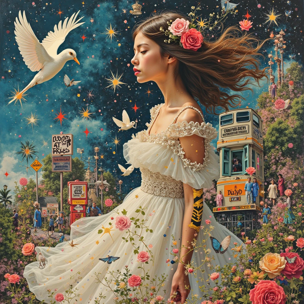 cut and pasted, collage chaos, girl, dress, bird, motor vehicle, star, symbol, english text, book, humans, fish, caution tape, 