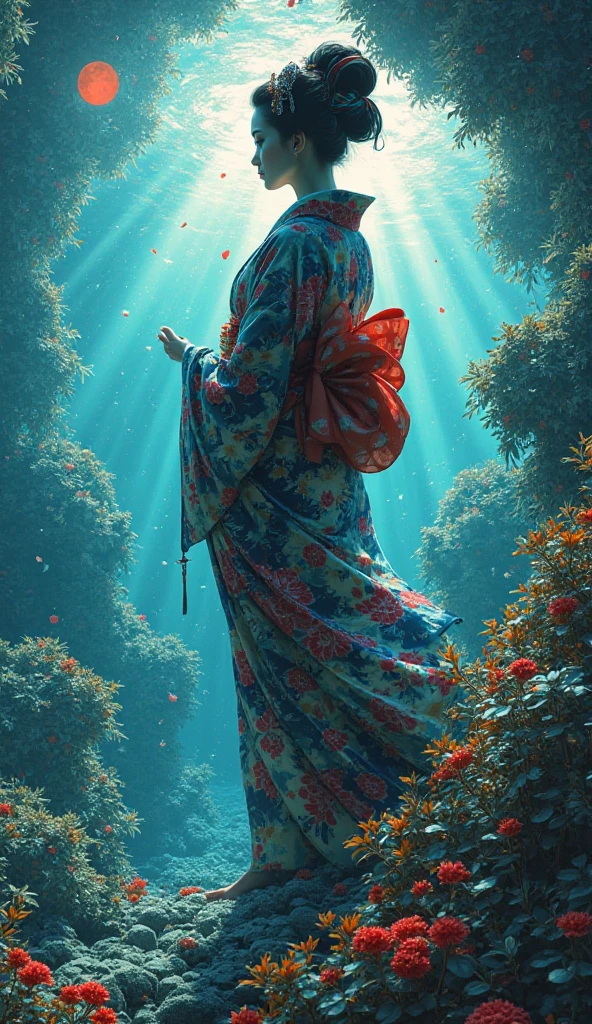 with its repetitive and recursive techniques, creating a hypnotic visual effect; self-reflection is captured in an endless spiral, symbolizing the recursive nature of life. This is not just repetition, but a metaphor for the experiences and patterns that shape one’s identity. Each turn of the spiral represents cycles, learning, and growth. The shadow of a Japanese Geisha in a neon kimono, split by light, reveals both land and underwater scenes; split photography, 3D rendering, and Photoshop manipulation create a stunning work of art. The folded sections reveal detailed landscapes and underwater scenes.