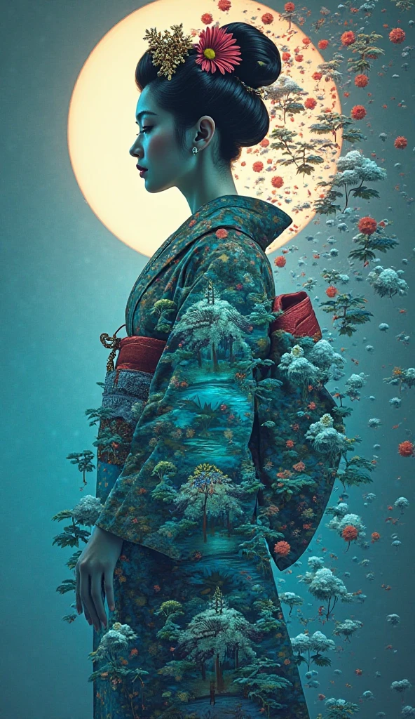 with its repetitive and recursive techniques, creating a hypnotic visual effect; self-reflection is captured in an endless spiral, symbolizing the recursive nature of life. This is not just repetition, but a metaphor for the experiences and patterns that shape one’s identity. Each turn of the spiral represents cycles, learning, and growth. The shadow of a Japanese Geisha in a neon kimono, split by light, reveals both land and underwater scenes; split photography, 3D rendering, and Photoshop manipulation create a stunning work of art. The folded sections reveal detailed landscapes and underwater scenes.