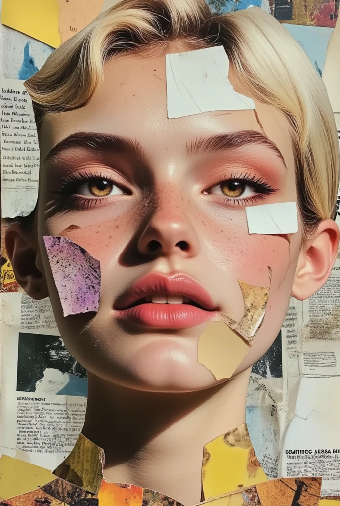 Please draw detailed and intricate collage art like the cover of a ８０' fashion magazine, A meticulous lover of printing, of photography and magazines, he selected and cut out all the parts of the faces he thought were most beautiful and reassembled them into a collage to form his ideal woman. A paper mosaic consisting of different pieces of small photos composes, in Frankenstein style, the face of a beautiful woman in the background, pages of magazines and newspapers.  