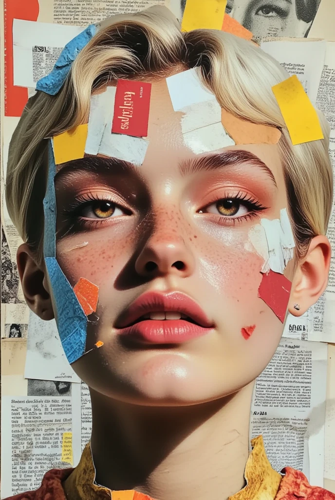 Please draw detailed and intricate collage art like the cover of a ８０' fashion magazine, A meticulous lover of printing, of photography and magazines, he selected and cut out all the parts of the faces he thought were most beautiful and reassembled them into a collage to form his ideal woman. A paper mosaic consisting of different pieces of small photos composes, in Frankenstein style, the face of a beautiful woman in the background, pages of magazines and newspapers.  