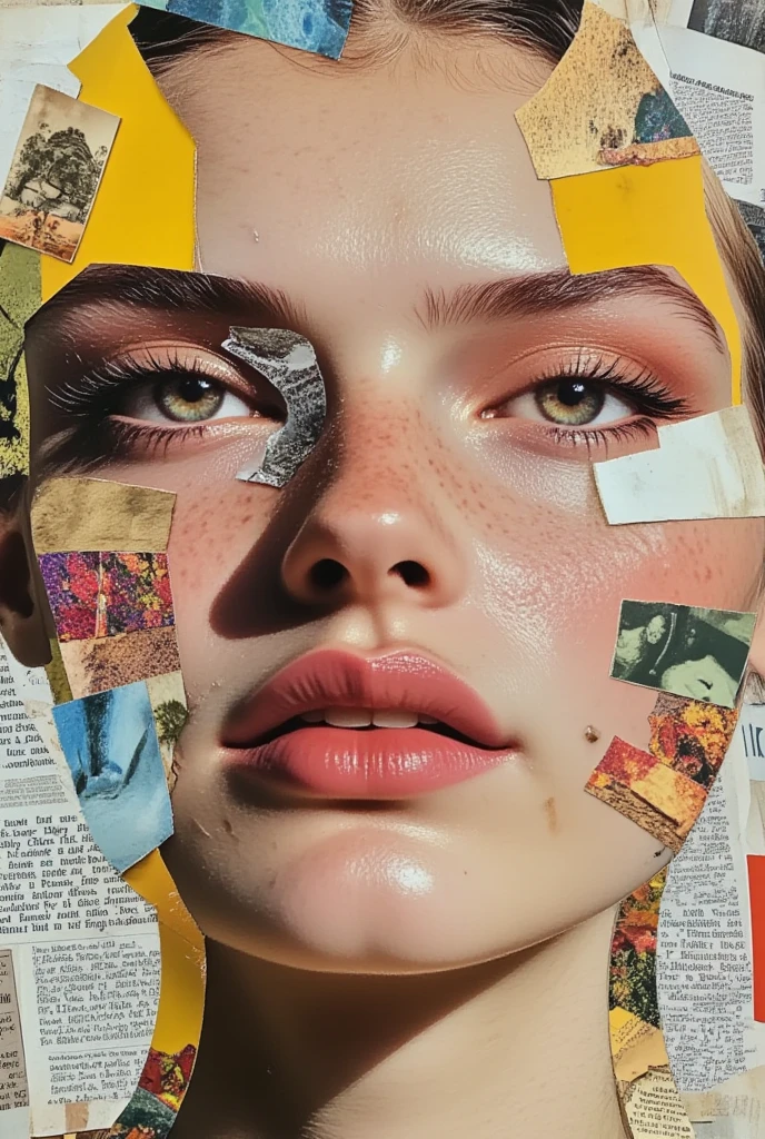 Please draw detailed and intricate collage art like the cover of a ８０' fashion magazine, A meticulous lover of printing, of photography and magazines, he selected and cut out all the parts of the faces he thought were most beautiful and reassembled them into a collage to form his ideal woman. A paper mosaic consisting of different pieces of small photos composes, in Frankenstein style, the face of a beautiful woman in the background, pages of magazines and newspapers.  