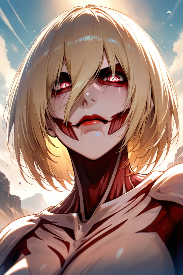 Chica anime con ojos azules y cuerpo de esqueleto,, Una escena del《Ataque a los titanes》, estilo de anime4 K, Annie Leonhart, cara, boca abierta, uvula, boca, lengua, lengua fuera, blue eyes, mirando al espectador, night, big mouth, ojos muy azules, attack on titan