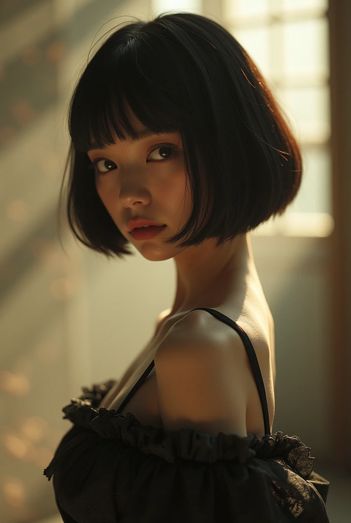 EDITORIAL PHOTOGRAPHY,  Super Detailed Backgrounds  ,Super Real, Shade,depth of field, perfect anatomy、Goddess Amenouzumenomikoto 、full body、cool beauty super slim skinny video, Soft Focus Sepia Tone ,movie scene,It was transparent,Wabi-sabi,Shioriness,looking at the camera、Nipples、Geometric model witch costume,is looking away at the female genitals,  Super Short Straight Bob Hairstyle ,Japanese Mythology Worldview 、natural light、Heaven Realm