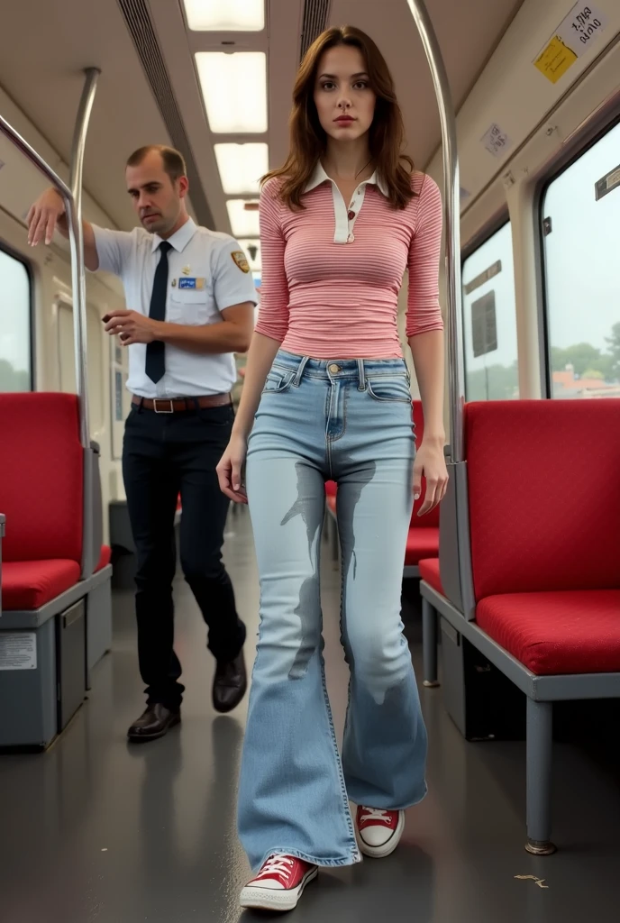 tanned redhead, girl, muscular legs, muscular calves, Strong legs, muscular hips, wide hips, Curvy hips, cowboy boots, short denim skirt, plaid shirt tied on the stomach, cowboy hat, Really wants to pee, in a subway car, will pee soon, wants to pee, desperately wants to pee, pee, pee, wants to urinate, crossed legs, Knees together, Clenched knees, Clenched hips, holding on to the crotch, An expression of shame on his face, bites his lower lip, full bladder, terribly wants to go to the toilet, anatomically correct, realistic