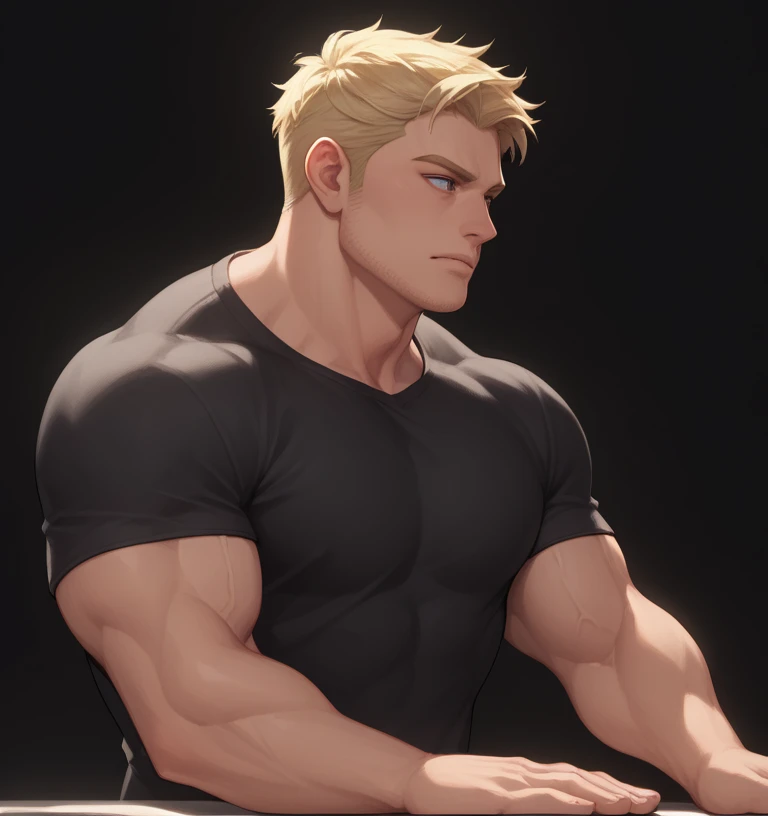 extremely detailed muscular man, (Cartoon style), extremely detailed very short hair, extremely detailed blonde hair, wearing micro black tiny g-string, extremely detailed blue eyes, full body vision,