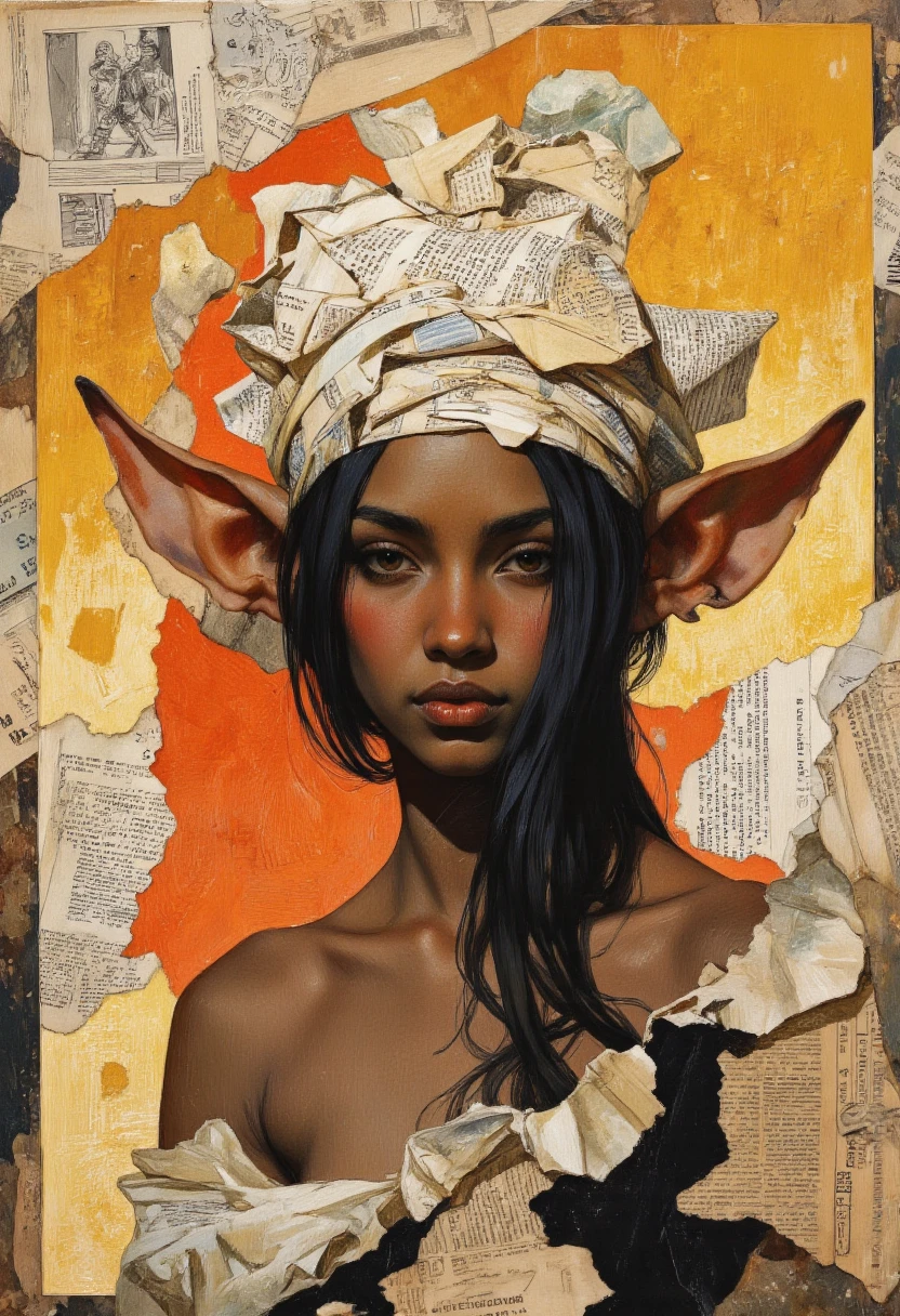 By Phandigrams. A digital illustration shoot from a portrait camera angle about a stylized portrait of a female character with horns and elf-like features, surrounded by a background of old, torn newspapers. the image also shows a mix of textures and colors. on the middle of the image, a woman appears to be in her late 20s, with dark skin, pointed ears, and a serious expression. she is facing the viewer, with her eyes looking to the side. her hair is styled in long hair, and she is wearing a headdress made of newspaper pieces. the background is filled with various colors and patterns, including orange and yellow, which adds to the vintage feel of the artwork.