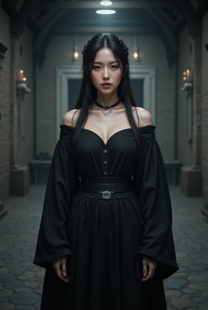 asian girl, standing in a  medieval castle chamber,  pretty, dimples, cheeks, black hair, twin breads and bangs, dressed in simple black shoulder free dress with silver belt, small black chocker with silver ring,  high Quality photorealistic, full body  