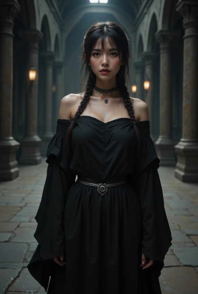 asian girl, standing in a  medieval castle chamber,  pretty, dimples, cheeks, black hair, twin breads and bangs, dressed in simple black shoulder free dress with silver belt, small black chocker with silver ring,  high Quality photorealistic, full body  