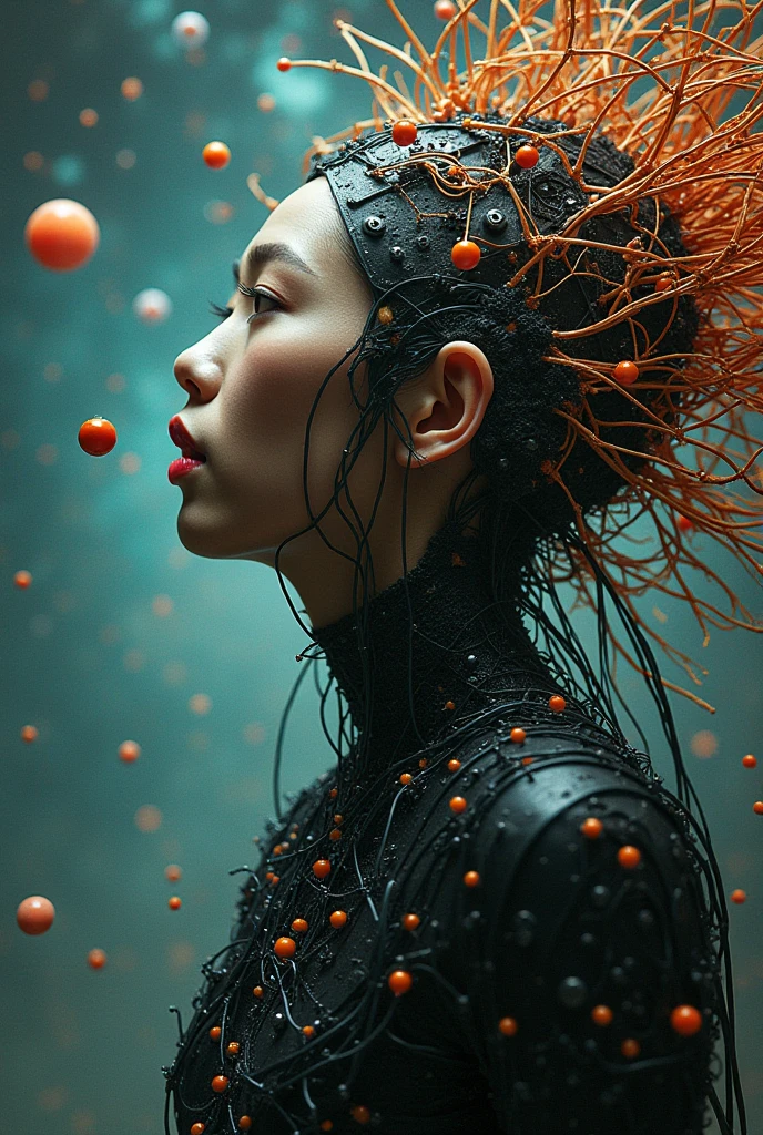 Inspired by Terry Gilliam and Tim Burton, Asian male of cybernetic beauty, steampunk wire-mesh suits, pipes of hell, hellraiser, pinhead by H.R. Giger, planets in the brain, merged double exposure mixed media, Gustav Klimt and Bill Sienkiewicz, intricate high detail crisp quality cosmic nodifiers: dof intricate high detail high definition colourful hdr Van Gogh Marc Chagall H.R. Giger Enki Bilal.
