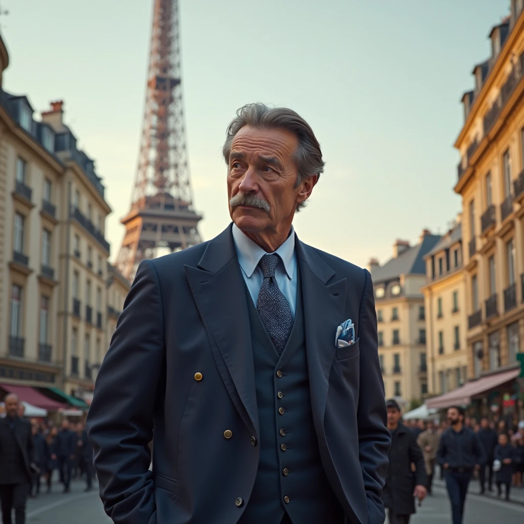 A 50-year-old man with thin, dark brown hair, a side part, a light mustache, wearing a navy blue suit, a sky blue shirt, and a waistcoat, standing near the Eiffel Tower in Paris, France.