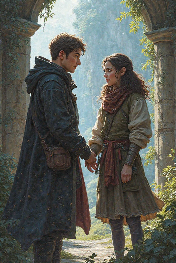 scenery, A huge ruined room with traces of battle, Duo of a woman and a man, side-view, Hi-Def, ultradetail, European facial features, realeme fentezi, Pattern, portraite of a, side glance: woman's, 46 years old, dark brown long hair, dark eyes, Frowning, A fighting look into the distance, dressed in an old shabby gray cloak,Beautiful handkerchief, wrapped around her head, Hands raised up, Clarity: 8 months, scenery: side view Huge throne room with large windows, A 46-year-old woman in an old raincoat stands near a throne, Ao fundo, Near the throne, A man hugs a woman by the shoulders, Rear side view: A man hugs a woman by the shoulders, Standing behind the throne of steam (((male)), fashion photography, (Full portrait), (half), 独奏, Detailed background, Detailed Face, (stonepunkAI, Stone theme:1.1), wise, (beautiful hair, braid: 0.2), shaman, The partition is harsh, mysterious, (Gorgeous face), Stunning, The head is tilted upwards, (calm expression on his face), Calm, Intimate Interaction. detailed clothes, realistic skin texture, Clear Focus, voluminous lighting, Good moments, Good shadows, sub-surface Scattering, Complex, Highly detailed, ((film)), dramatic, (Highest Quality, Award-winning, Masterpiece: 1.5), (Realism)