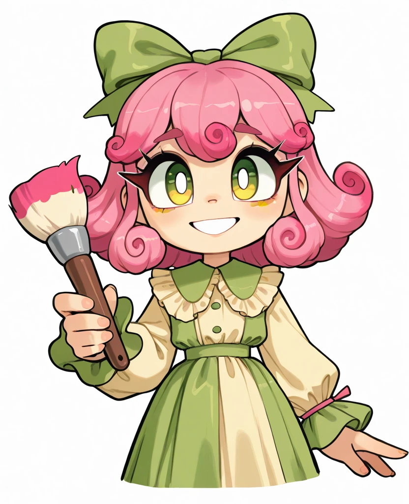 Girl, pink hair, Her eyes are green and yellow, tidy eyelashes, poetry,  wearing   ,Her pupils have a rounded shape, unstyled hair, white background, smiling, fashionable clothes, holding a paintbrush
