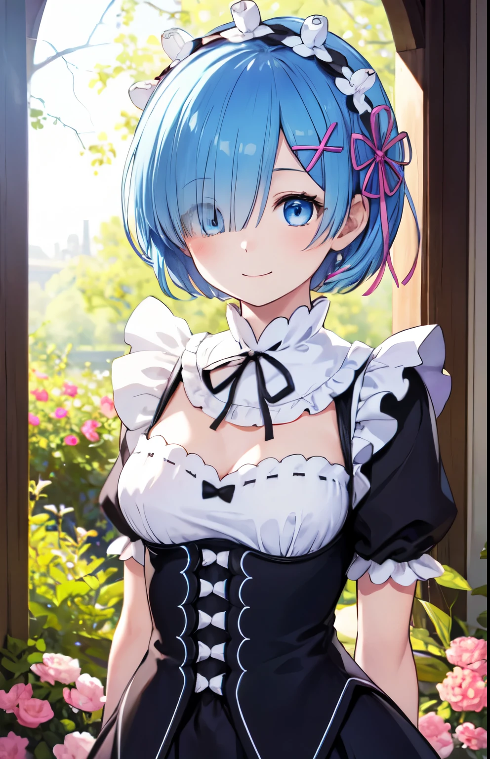 high resolution、超high resolution、masterpiece, top quality, 1 girl, top quality, is smiling、 closed his mouth、smile,Rem,garden、is standing、attractive light blue beautiful hair ,(watch,blue eyes),(smile), has one eye hidden , (Cover your right eye), hair on one eye , hair accessories , pink_ribbon、beautiful breasts、(Genuine、realisticな、realistic:1.2)、ビクトリア朝maid outfit、maid outfit、