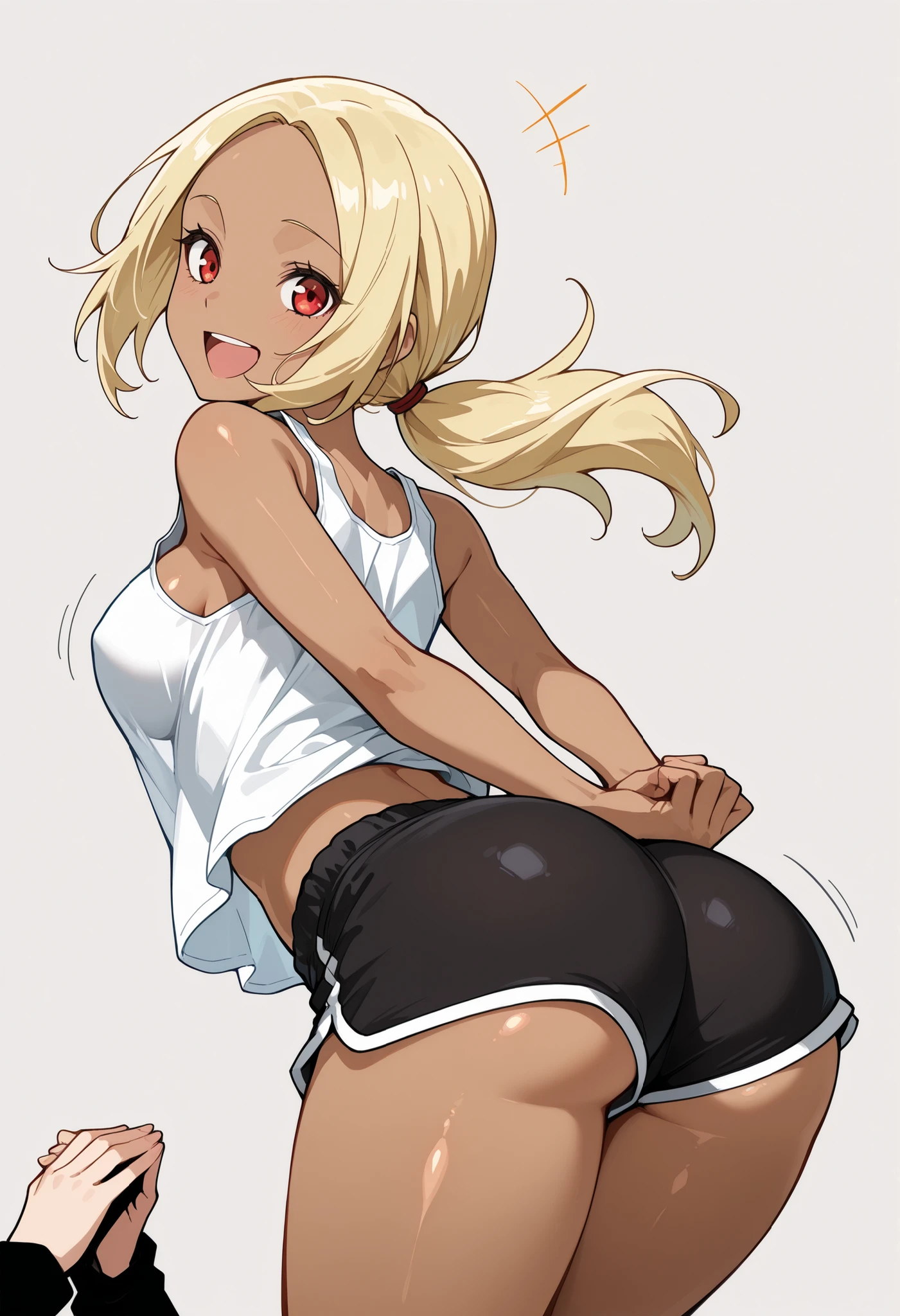 Masterpiece, score_9, score_8_up, score_7_up, anime style, ((medium lines:1.1)), best quality, lively, are so aesthetic, high contrast, up to date, best quality, cowboy shot, 1girl, solo focus, solid grey background, no background, BREAK, kat, dark skin, slender body, (petite body:1.1), shiny skin, medium breasts, round breasts, breast sag, BREAK, low ponytail, blonde, red eye, BREAK, white tank top, covered hard nipple, bare shoulders, midriff, BREAK, dolphin_shorts, loose shorts, black shorts, booty shorts, thighs, BREAK, looking_at_viewer, happy, laughing, cheerful, open mouth, leaning forward, (weightless body:1.4), floating shirt, sexy body, top overhang, in frame, (from behind:1.5), looking over shoulder, ass focus, (ass cheak:1.3), side bood, (solo focus:1.4), (girl own clasping her own hands together behind her own back:1.3),