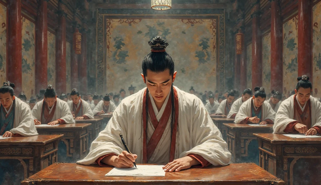 Create a picture of someone taking the Chinese imperial exam.