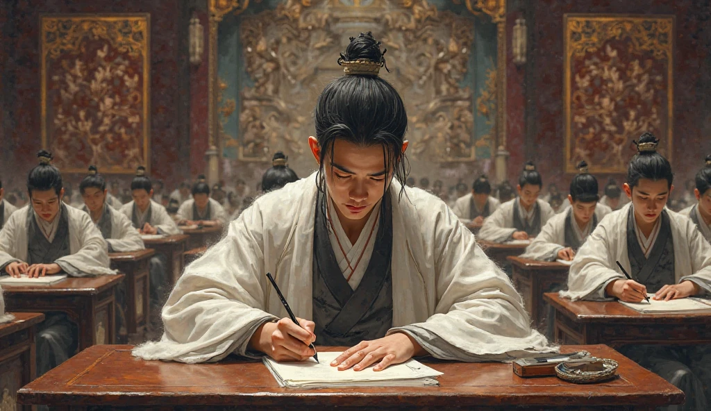Create a picture of someone taking the Chinese imperial exam.