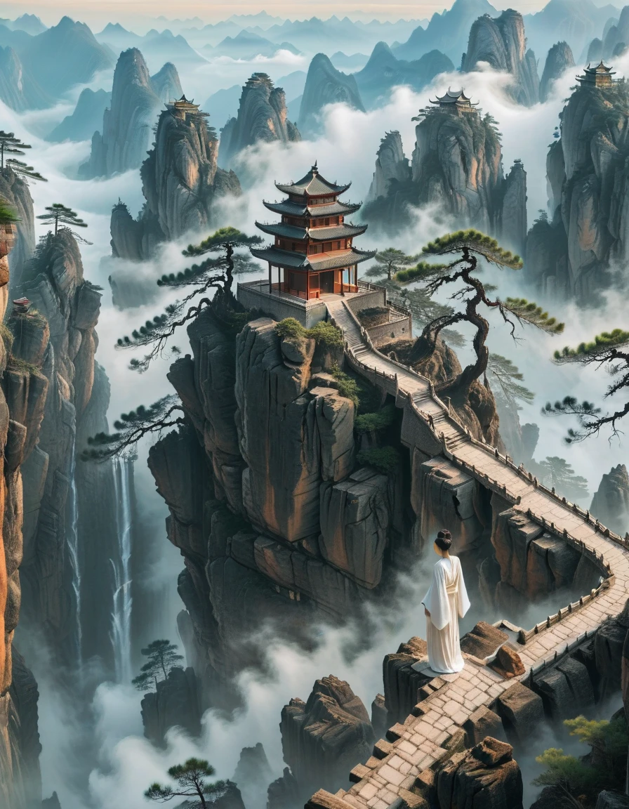 A woman in flowing white robes stands on a stone path overlooking a vast landscape of mist-covered mountains. Towering pine trees rise from the fog, their forms blending into the ethereal, dreamlike atmosphere. Soft clouds weave between the peaks, creating a surreal and meditative scene. The composition, inspired by traditional Chinese ink paintings, captures a moment of quiet contemplation and serene beauty.