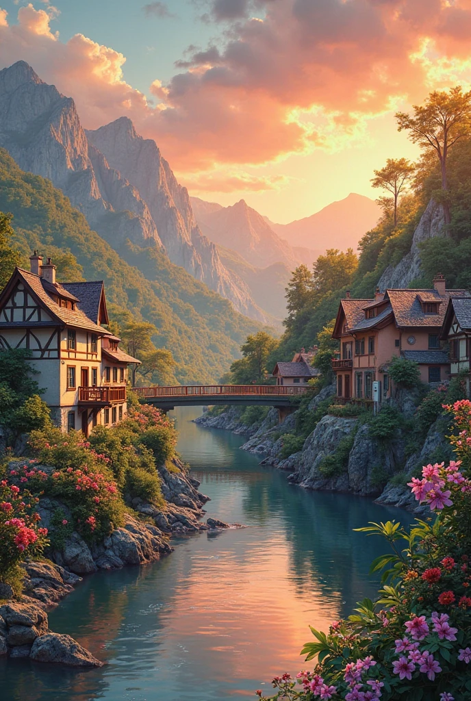 a small village by the river, mountains in the background, floral flowers colorful, detailed landscape, Beautiful natural landscapes, atmospheric lighting, scorching sunset, warm colours, practical, photopractical, Detailed Foliage, complex buildings, cobblestone street, Charming country house, swirly vibrant colors, lush vegetation, Still water reflections, Picturesque, idyllic, work of art, best qualityer, 8k, extremely detaild,anime styling