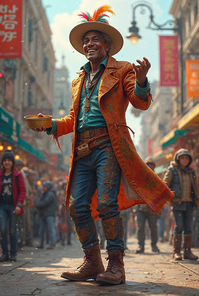 Realistic big city background、1 man、Straw hat、Black Hair、smiling、Stitch wound under the left eye、Lean muscular body、Wearing a red shirt、Blue half-size jeans、A yellow cloth is wrapped around his waist、Sandals、X-shaped scars on the body
