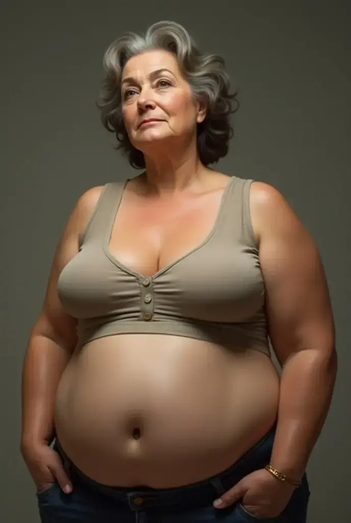 Generate a full body image of a fully 60 year old woman, wearing prescription glasses, with short wavy black hair with gray tones, the face with expression lines due to age, expressive and big mouth and a voluminous bbw body, large, expressive mouth and lips, wide hips, Large belly, vagina with pubic hair,breasts big, she is at night in a humble room.