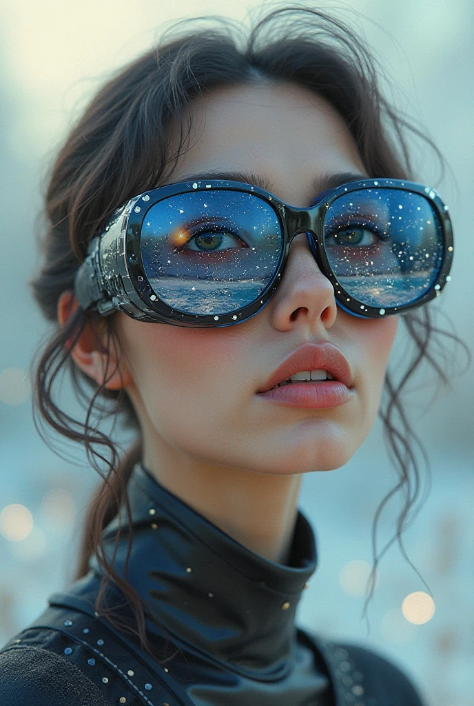 The model is wearing glass sunglasses with stars and the moon on the glass