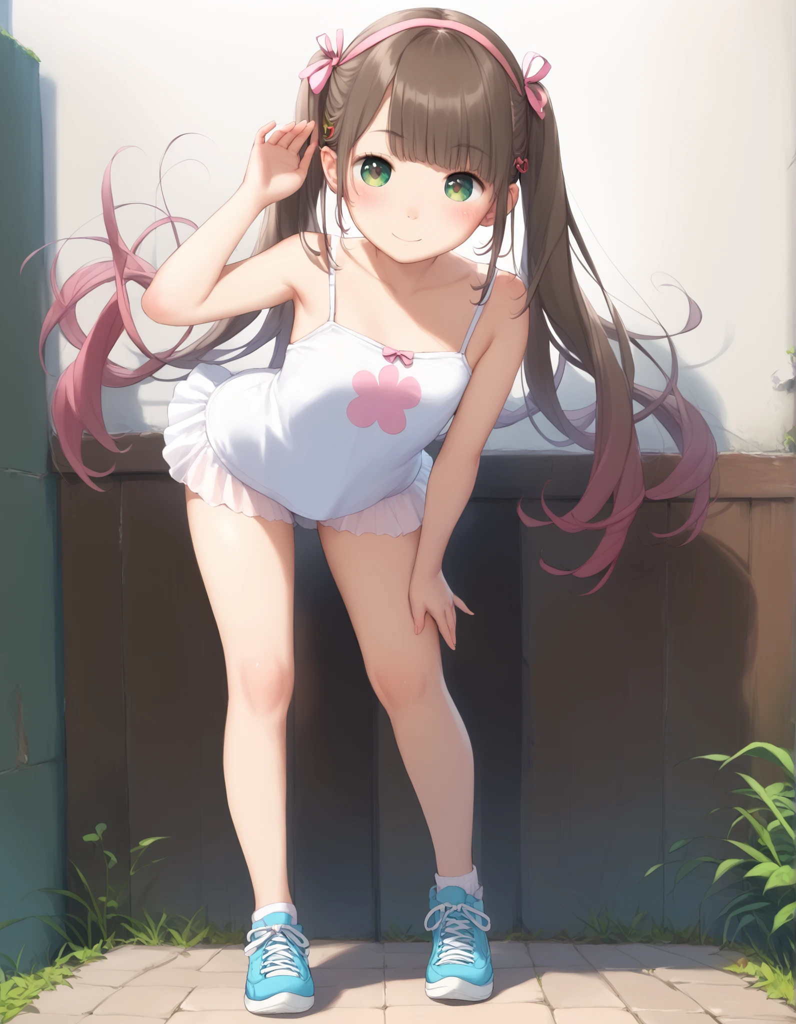 best image quality、 pretty eyes、detailed eyes、cute face、baby face、girl、のgirl、brown hair、Shy Woman、and open your legs、long hair twin tails、white underwear、full body、camisole、Pastel Backgrounds、standing pose with shoulders hidden
