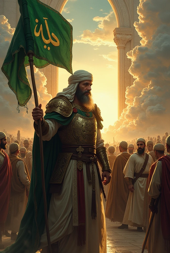 A photo of a doy of medium build features with a beard and some gray hair in which his hair was covered on his head with an Arab headdress and a turban wearing an old leather armor and holding a green flag with the inscription (يالثارات الحسين) behind the door of paradise and clouds and lights with a majestic view around and below him many people wearing old Arab clothes and looking at him some with love and some with fear this photo looks like an old oil painting