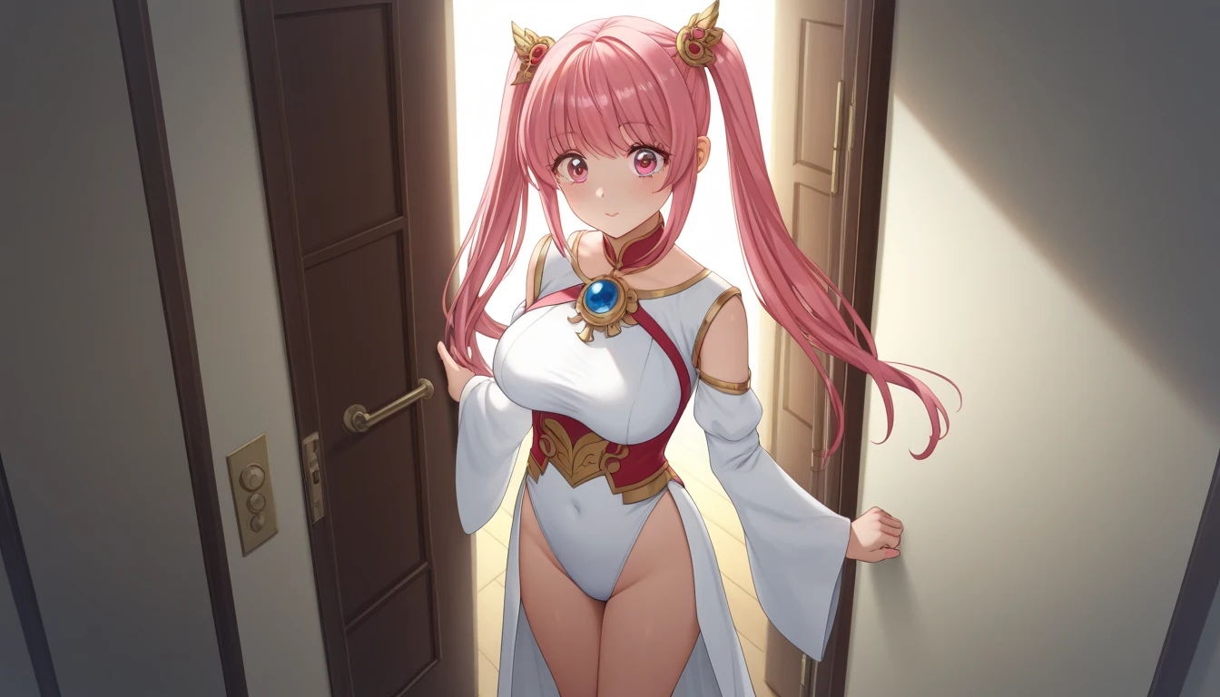 extremly detaled, dynamic sexy pose, bare feet, detaled feet, feet focus perspective,goddess, shine gold  heavy armor with red finish, long white hair, red cape and scarf, midget, gold hair clip, big tits, full armor