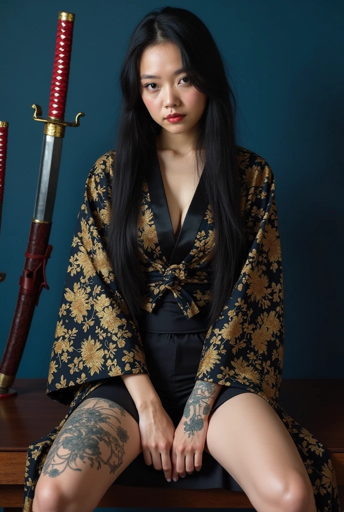 Hyper-detailed photorealistic image of a young Korean woman with short black hair, ponytail, having a full skin tattoo futuristic red-blue-black pattern Yakuza tattoo, yukata pants, sitting on an old-fashioned Japanese style wooden floor, with a cynical, hateful, angry face. is a beautiful woman.ultra HD