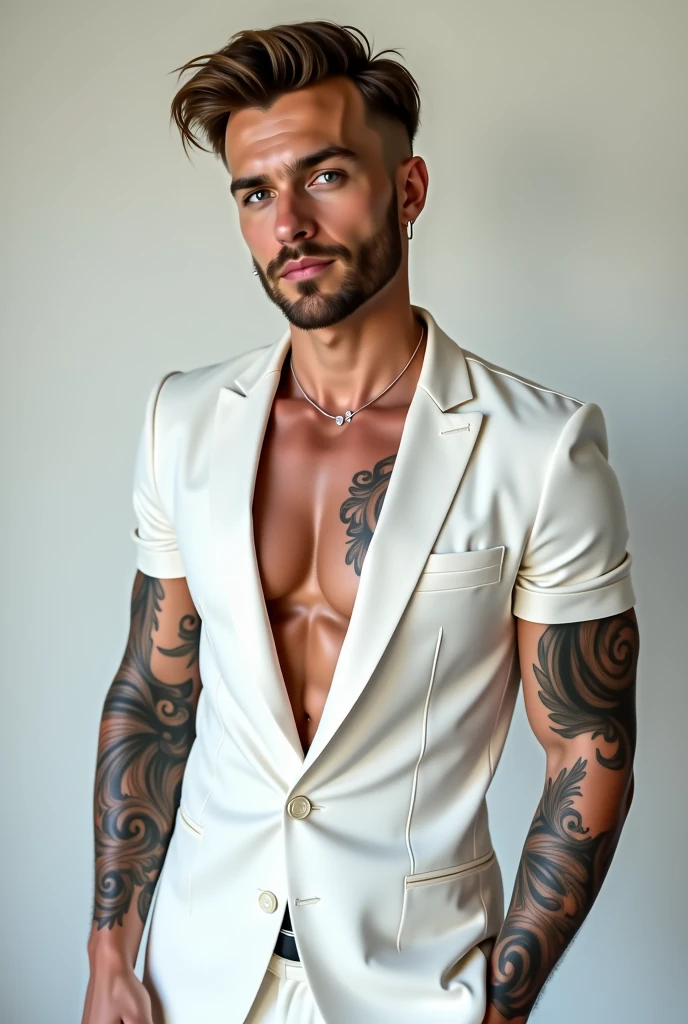 Handsome Arab Man, brown eyes and brown hair with blonde highlights. Arab clothes, he is muscular and has tattoos, wears a white suit.
