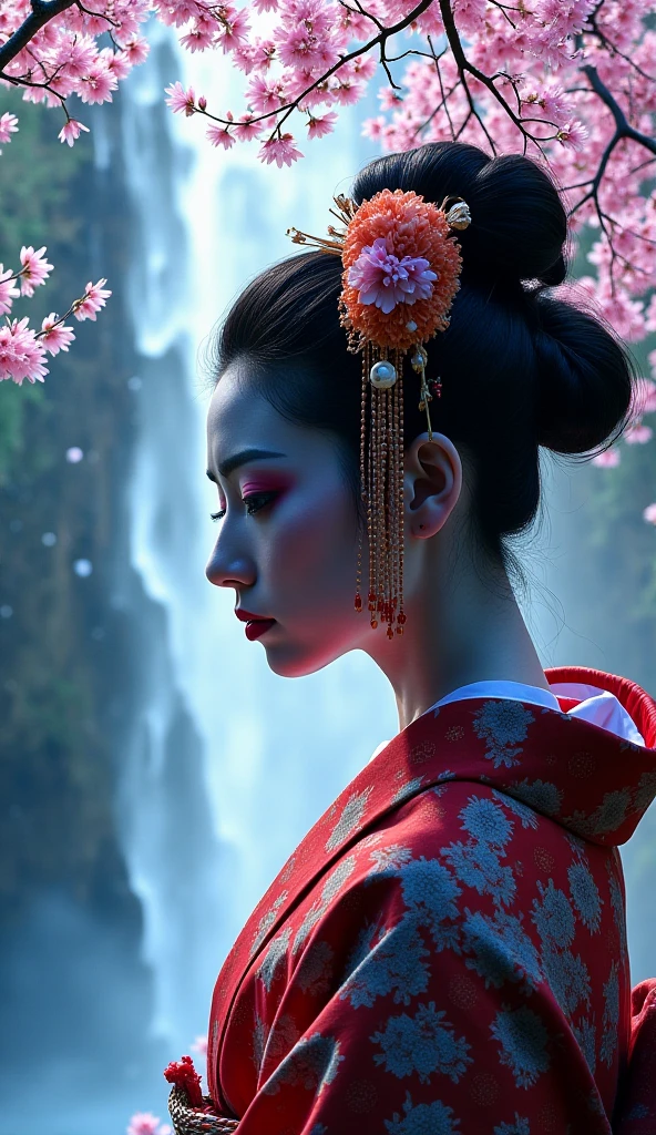 with its repetitive and recursive techniques, creating a hypnotic visual effect; self-reflection is captured in an endless spiral, symbolizing the recursive nature of life. It is not simply repetition, but a metaphor for the experiences and patterns that shape one’s identity. Each turn of the spiral represents cycles, learning, and growth. The shadow of a Japanese Geisha in a neon kimono, split by light, reveals a detailed view of a waterfall, temple, and cherry blossoms; split photography, digital 3D rendering, and Photoshop manipulation create a stunning work of art. The folded sections reveal a mesmerizing view of a waterfall, temple, and cherry blossoms.