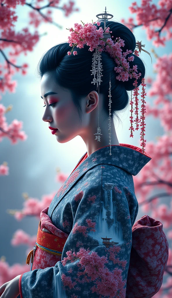 with its repetitive and recursive techniques, creating a hypnotic visual effect; self-reflection is captured in an endless spiral, symbolizing the recursive nature of life. It is not simply repetition, but a metaphor for the experiences and patterns that shape one’s identity. Each turn of the spiral represents cycles, learning, and growth. The shadow of a Japanese Geisha in a neon kimono, split by light, reveals a detailed view of a waterfall, temple, and cherry blossoms; split photography, digital 3D rendering, and Photoshop manipulation create a stunning work of art. The folded sections reveal a mesmerizing view of a waterfall, temple, and cherry blossoms.