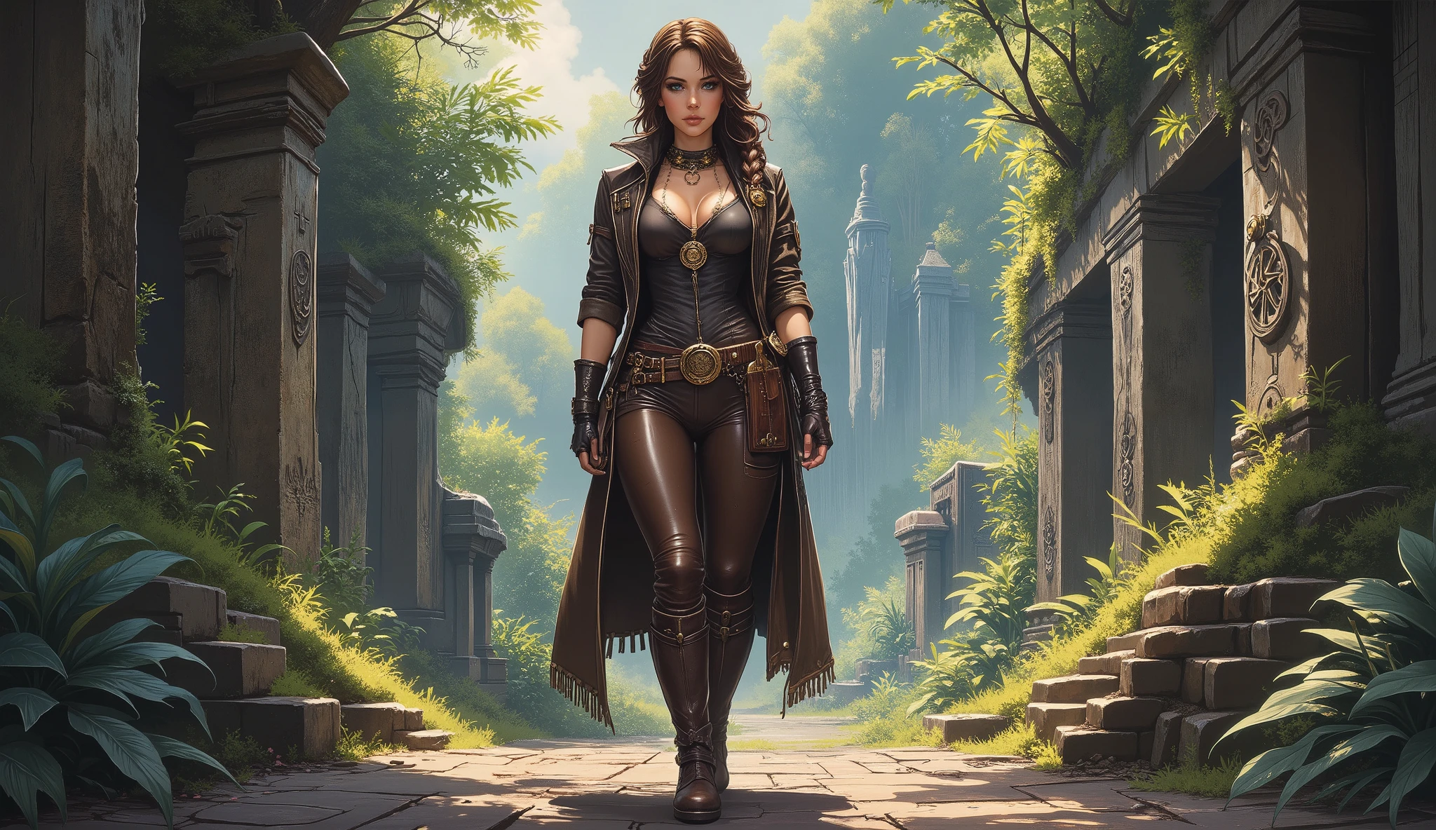 In the heart of a vibrant jungle, where the air is thick with humidity and the calls of exotic creatures fill the atmosphere, a bold steampunk adventurer explores the remnants of a long-lost civilization. She is clad in sleek, form-fitting leather pants that provide both comfort and protection as she navigates the overgrown ruins. The deep brown leather is scuffed and worn, a testament to her many daring escapades. Her tanned skin glows in the dappled sunlight filtering through the dense canopy above, and her long, wavy brunette hair is pulled back into a practical braid, keeping it out of her face as she climbs over crumbling stone and tangled roots. She wears a fitted, short-sleeved shirt made of breathable fabric, its earthy tones harmonizing with the lush surroundings. Over her shirt, a long, rugged coat flows behind her, its edges frayed and adorned with brass buckles and pockets filled with tools, maps, and other essentials for her explorations. Her sturdy, knee-high leather boots are designed for adventure, featuring reinforced soles that grip the uneven terrain of the ancient site. Around her neck, a brass pendant shaped like a compass dangles, symbolizing her unwavering sense of direction and her thirst for discovery. A leather satchel hangs at her side, brimming with artifacts and treasures she has unearthed during her journeys. As she stands amidst the towering stone structures, draped in vines and adorned with intricate carvings, her confident posture and determined gaze reveal a woman who thrives on the thrill of adventure, ready to uncover the secrets hidden within the jungle's depths.