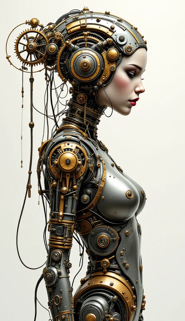 (((masterpiece)))、((top-quality))、(The ultra-detailliert)、、(Very noble and beautiful))、Cinematic Light、((1 Mechanical Girl))、White porcelain body、Goldsmith、Sumerian details、Hydraulic cylinder、Steampunk details、a purple eye、Colossal tits、The cleavage is visible、nipples are hidden、(Mechanical joint:1.4)、((Mechanical limb))、(Blood vessels attached to tubes)、((Mechanical spine attached to the back))、((Mechanical cervical vertebrae attached to neck))、(Wires and cables attached to the head and body:1.5)、 Luminous tube、Glowing LED lamp、neon details、cowboy shot、