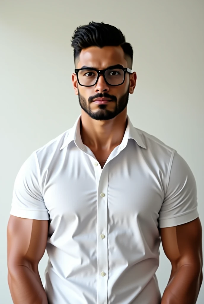 1boy, solo, facial hair, male focus, bulge, pectorals, bara, muscular, mature male, muscular male, abs, beard, nipples, short hair, navel, stomach, large pectorals, thick eyebrows, bare pectorals, dark-skinned male, business suit and tie clothing, erection, thighs, erection under clothes, white shirt, dark skin, open clothes, black bodysuit, pectoral cleavage, cowboy shot, feet out of frame, thick thighs, looking at viewer, business costume, masterpiece, 4k, high quality, highres, absurdres,