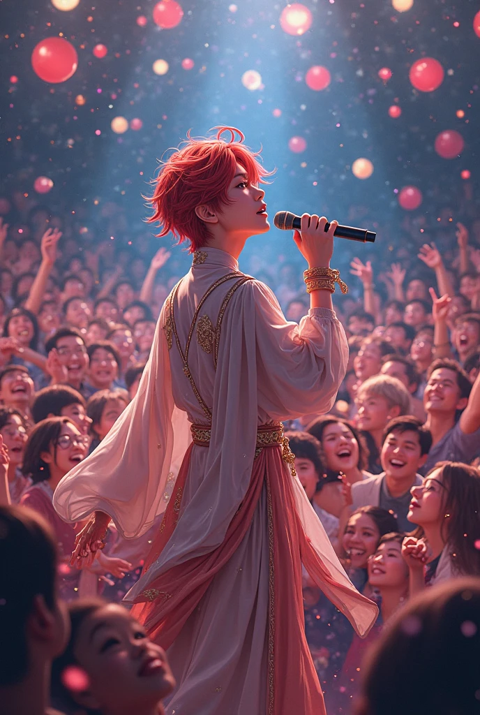 An image of a Japanese idol anime-like man singing in front of a crowd, The picture is 1:1 to a forward size