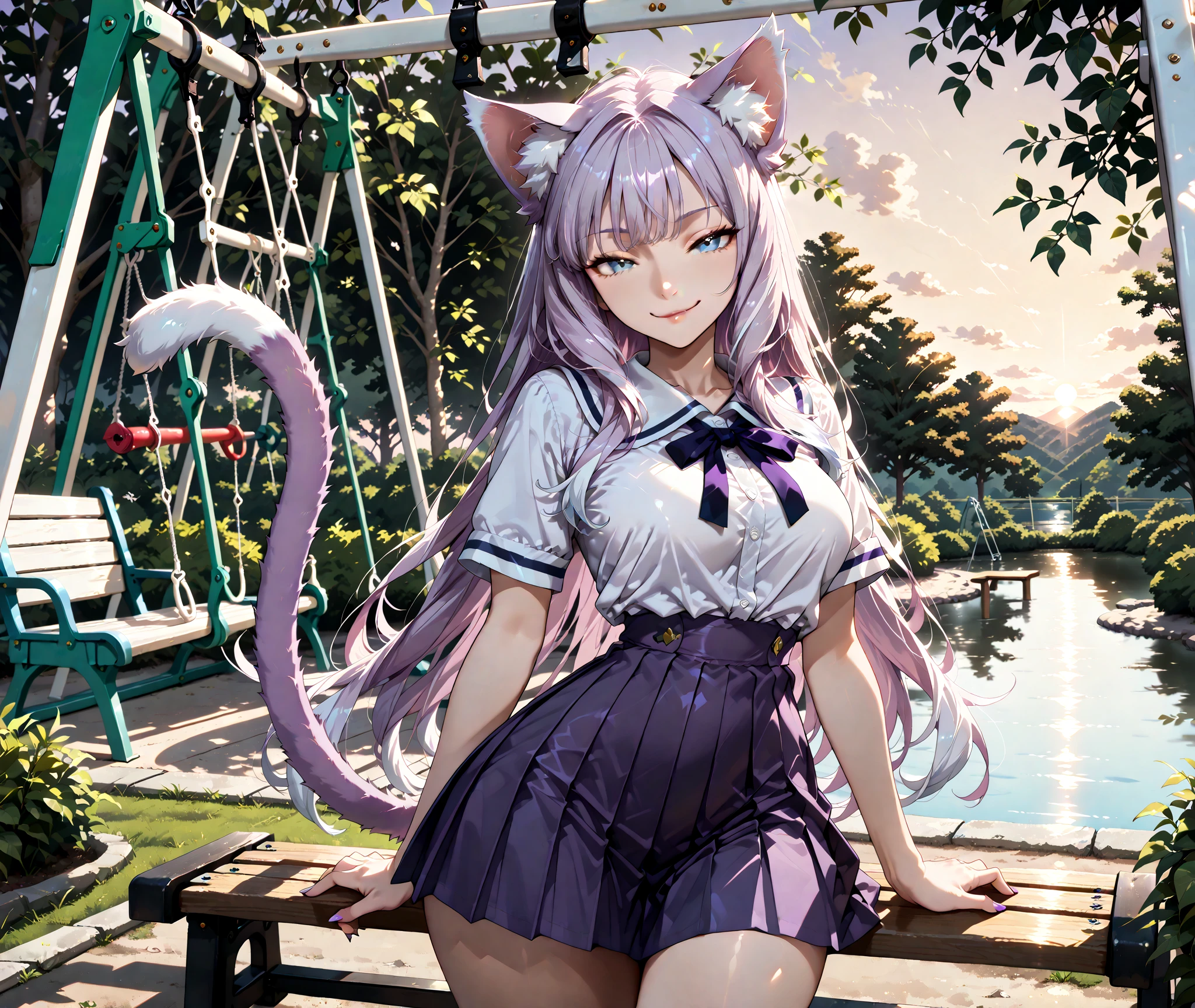 masterpiece, best quality, very aesthetic, absurdres, 1girl, mature_lady, ,Lilac hairbun / braided bun,sainan_high_school_uniform, school_uniform, shirt, skirt,  tail, tail_fondling, thighhighs, white_shirt, black_thighhighs,,Wallpaper Fusion, dappled sunlight, day, flower, hydrangea, leaf, light rays, nature, outdoors, path, plant, purple flower, scenery, stairs, sunlight, torii, tree, wisteria,floating_hair