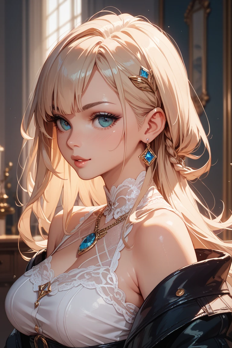 (best quality, highres, realistic), portrait, Elegant mature woman, blue eyes, blonde, big breast, high resolution cg 8k, beautiful cg, soft light