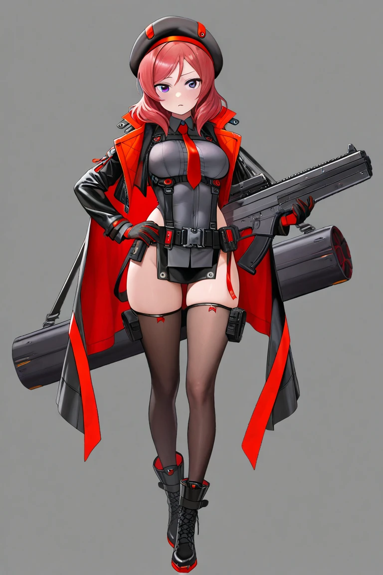 (((Amazing)))(((cool)))(((Detailed)))A cool pretty young girl, white hair, red hair pin clipped, half haircut, innocent face, gloomy expression, detailed violet eyes, slim body, d cup size bust, red and black clothes with belly exposed, determined eyes, holding two hand guns, half pants, white skin, pretty skin, gorgeous face, innocent look, standing proud, gloves on, half jacket around her shoulders, straps on her thighs, dark fiery background, good quality graphics, detailed figures, with glasses.