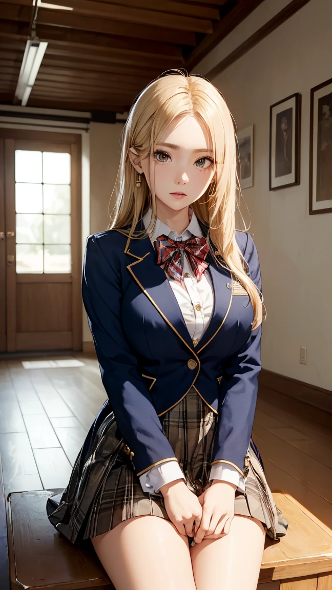 Very detailed expression, (RAW shooting: 1.2), (Photorealsitic: 1.4), beautiful details of beauty and delicate expression, blonde hair, ((panties visible)) (squat pants shot) Nipple piercings, eyelashes, beautiful details Eyes, Huge file size, Super detailed, High resolution, Super beautiful, Top quality, Masterpiece, (Japanese girls' high school uniform)), Spectacular, Fine details, Detailed facial movie writing, 23 year old girl, ( (dynamic pose))), (sitting cross-legged, bending the knees)), pleated skirt, blazer, sexy upper eyes
